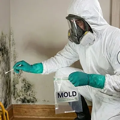 Mold inspector in a protective suit taking samples during mold testing
