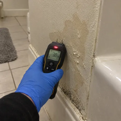 Pin moisture meter reading high moisture on a stained bathroom wall during a mold inspection